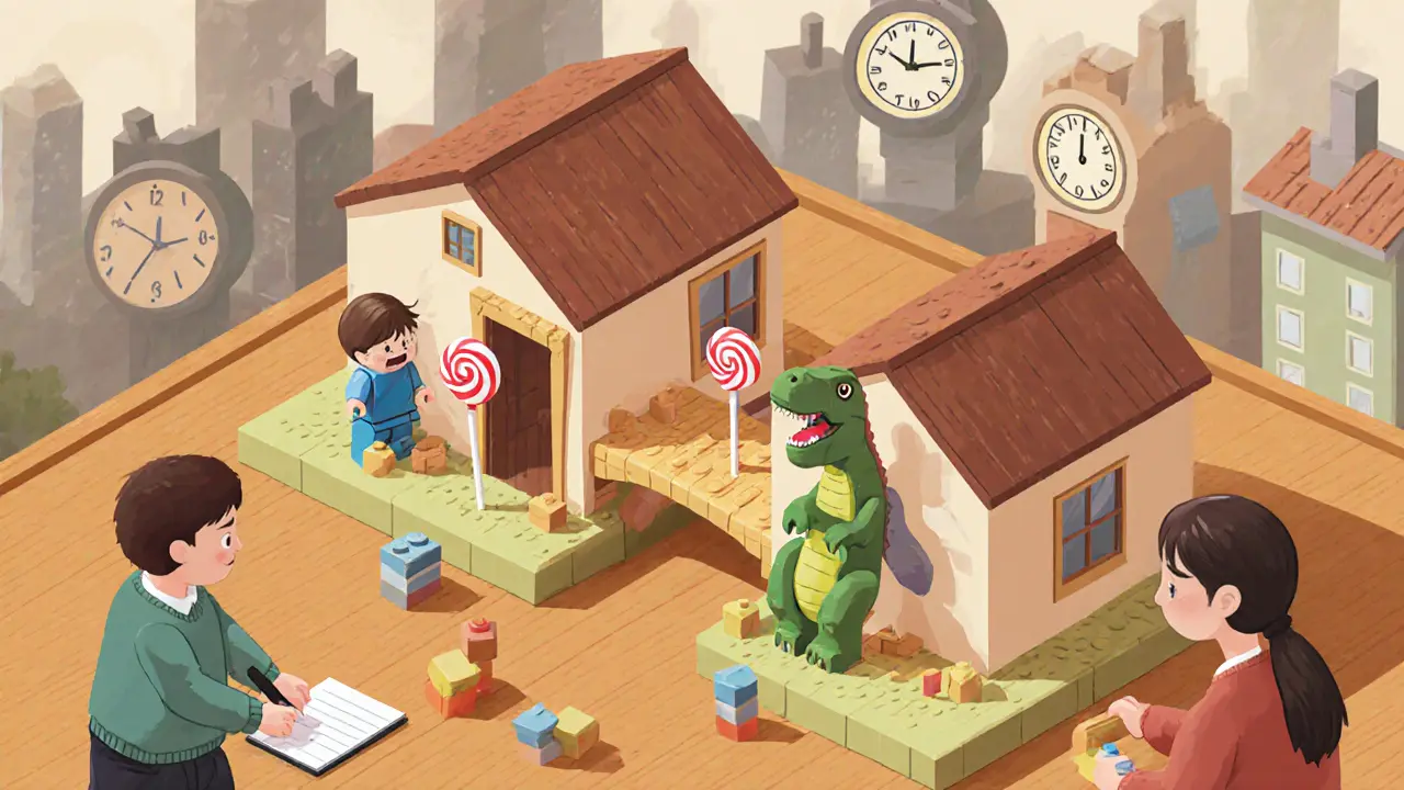 Dítě hraje s Lego domy a terapeut pozoruje hru.