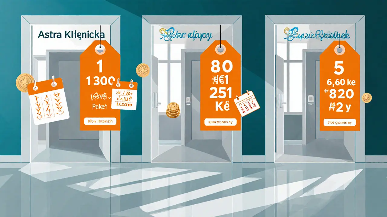 Isometrické porovnání tří terapií s cenovkami a slevovými štítky.