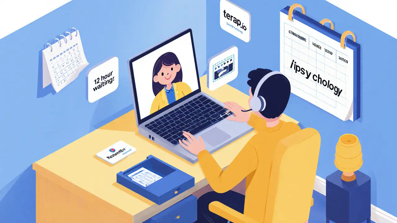 Osoba v domácím pracovním prostoru provádí online terapii na notebooku, ikony platforem a kalendář.