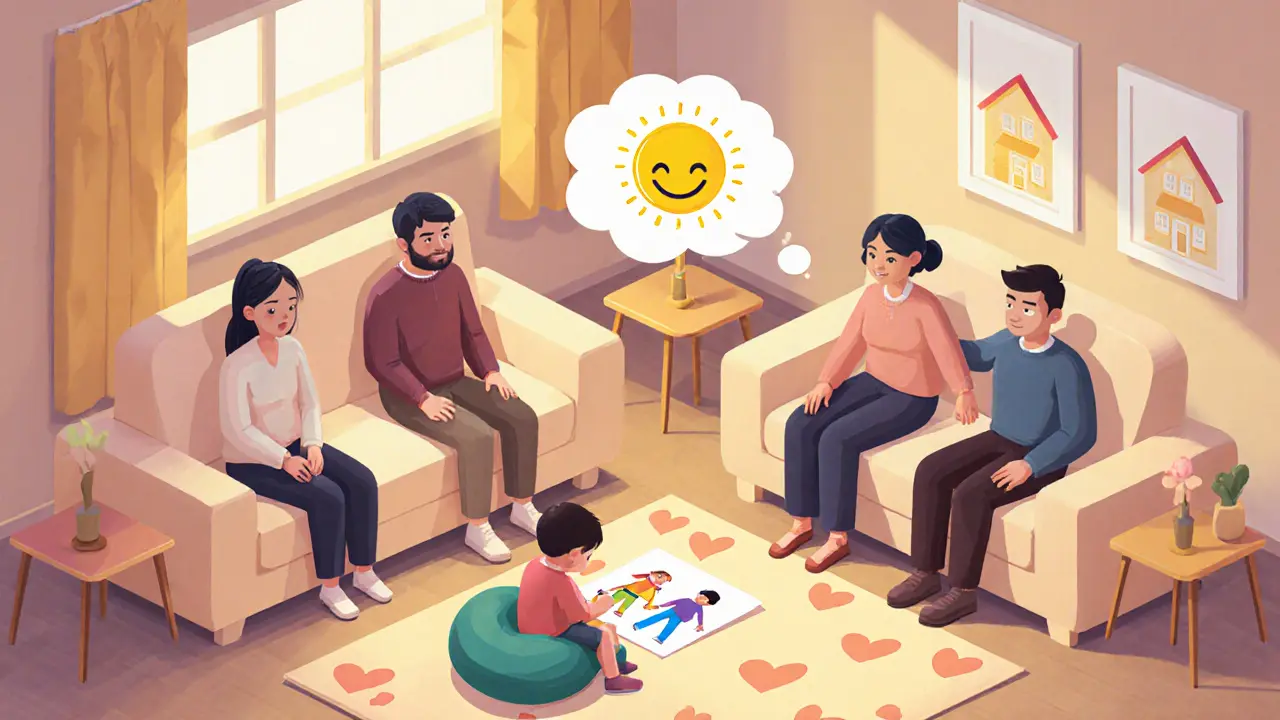 Rodina v terapii, dítě kreslí rodiče, kteří se poprvé dívají na sebe klidně.