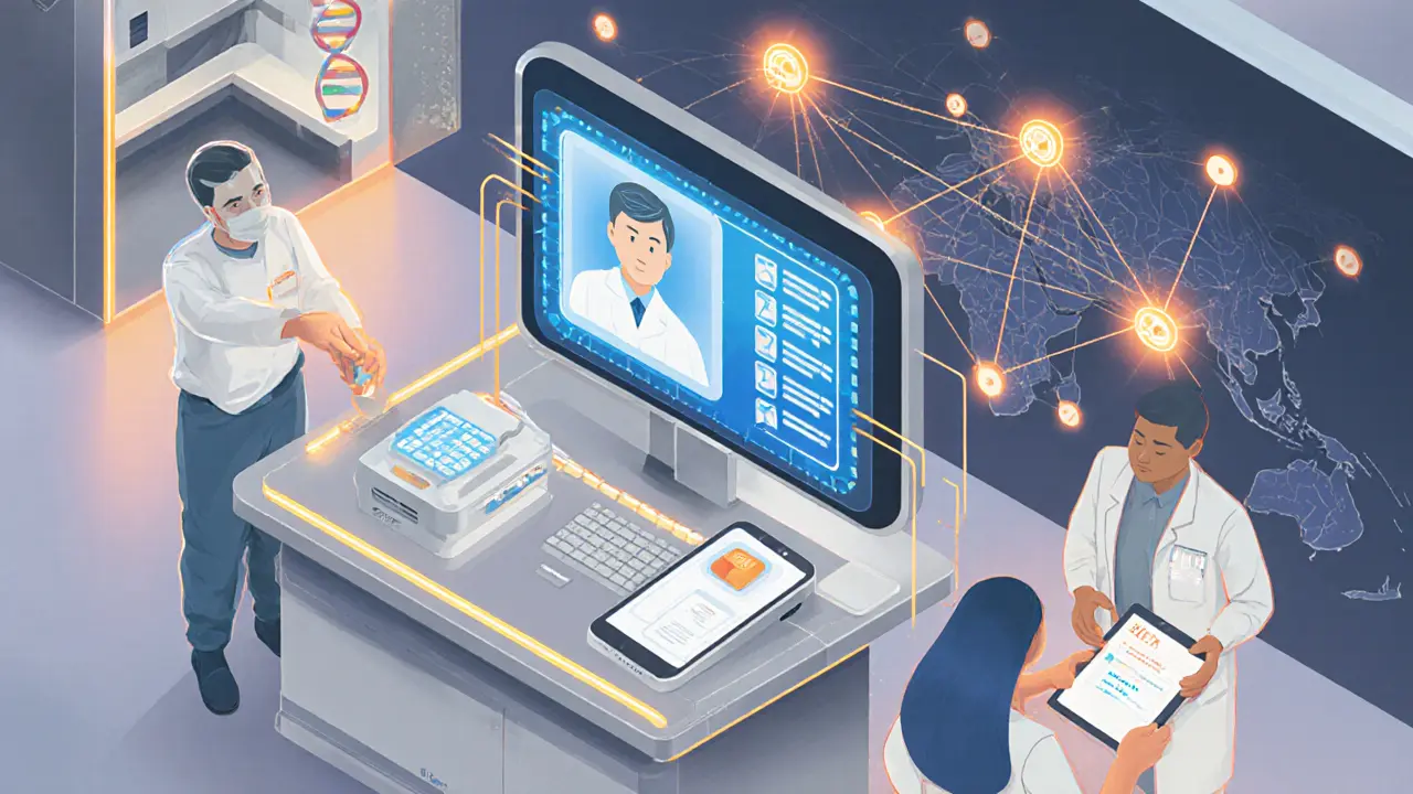 Isometrické futuristické zařízení s digitální platformou, genetickým testem a sledováním pacientů.