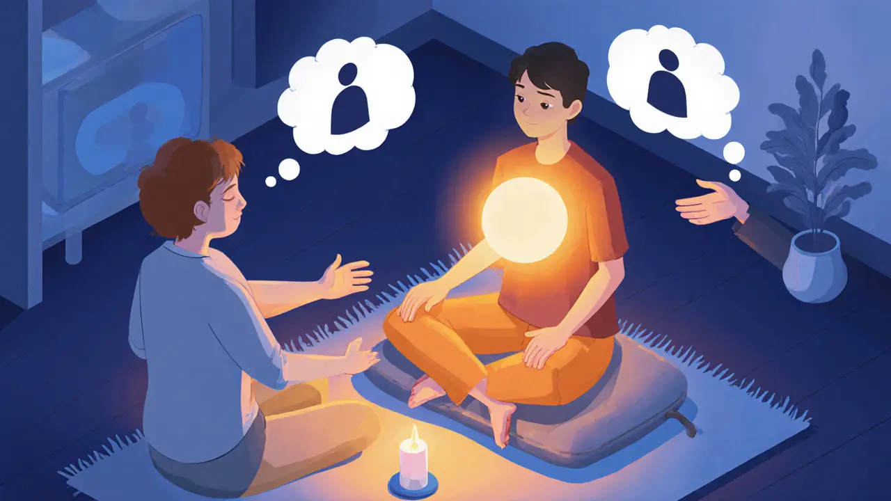 Klient během cvičení CFT, zhrudiště září teplým světlem, terapeut vede meditační sezení.