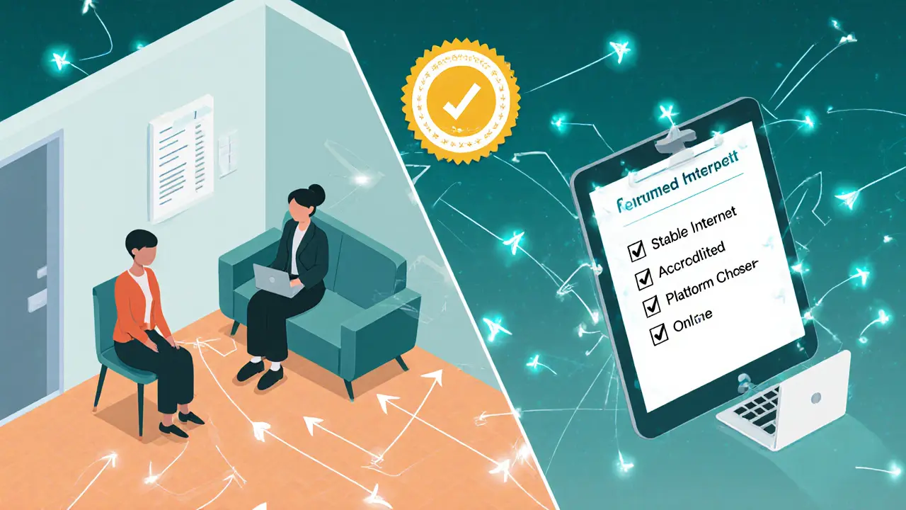 Hybridní terapie: kombinace osobního setkání a online sezení s kontrolním seznamem.