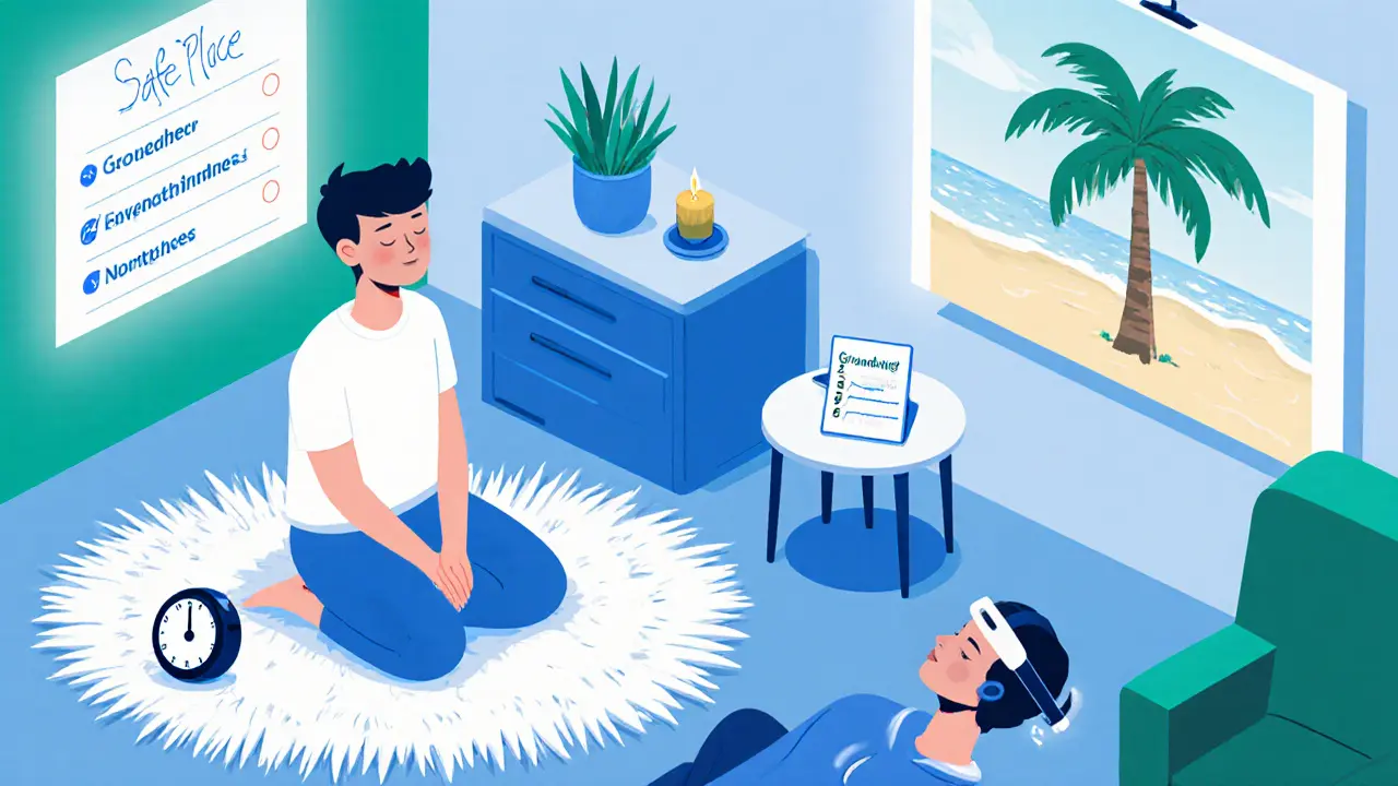 Klient v obývacím pokoji provádí dýchání, uzemňování, Safe Place a neurofeedback s headsetem.