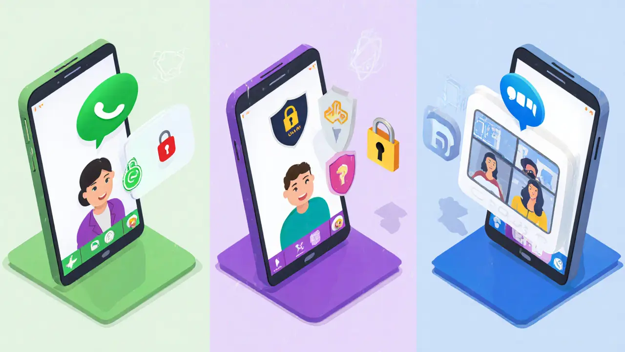 Porovnání platforem WhatsApp, Signal a Zoom v izometrickém zobrazení.