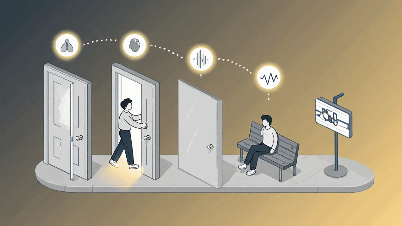 Postupné kroky ven z domu, symbolizující postupnou expozici při léčbě agorafobie.