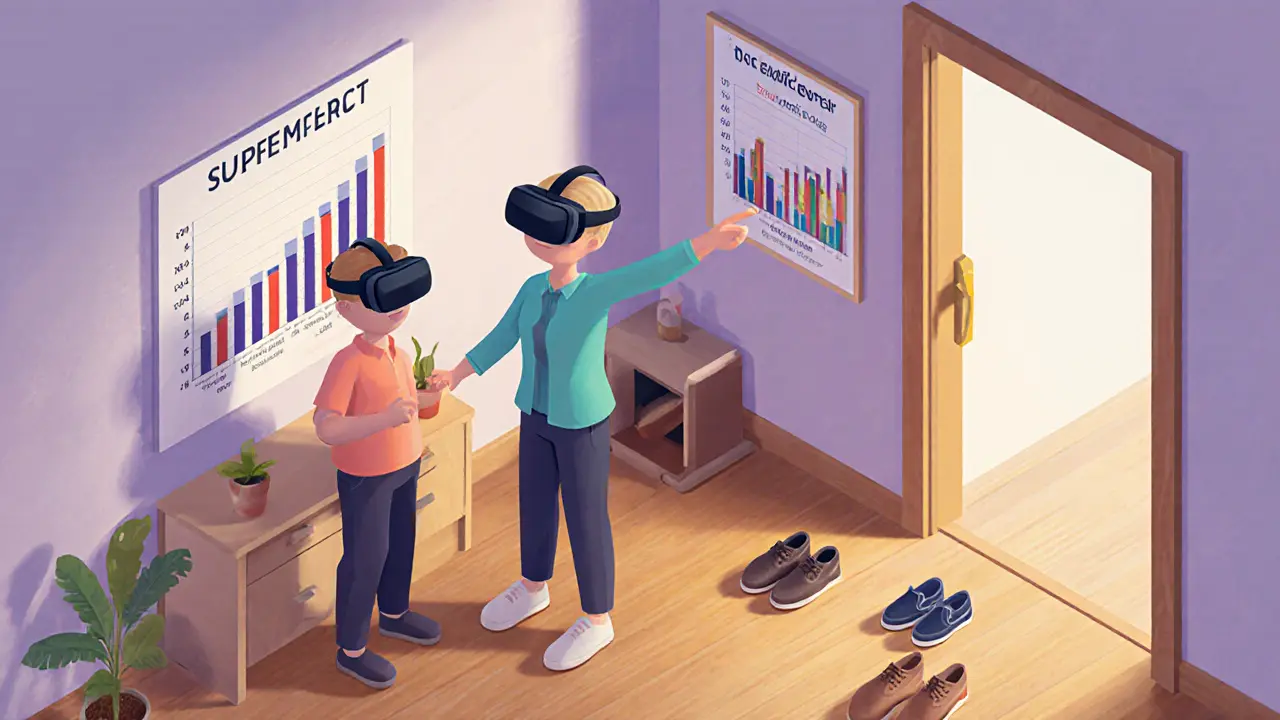 Terapeut a pacient ve virtuální realitě při léčbě agorafobie v bezpečném prostředí.