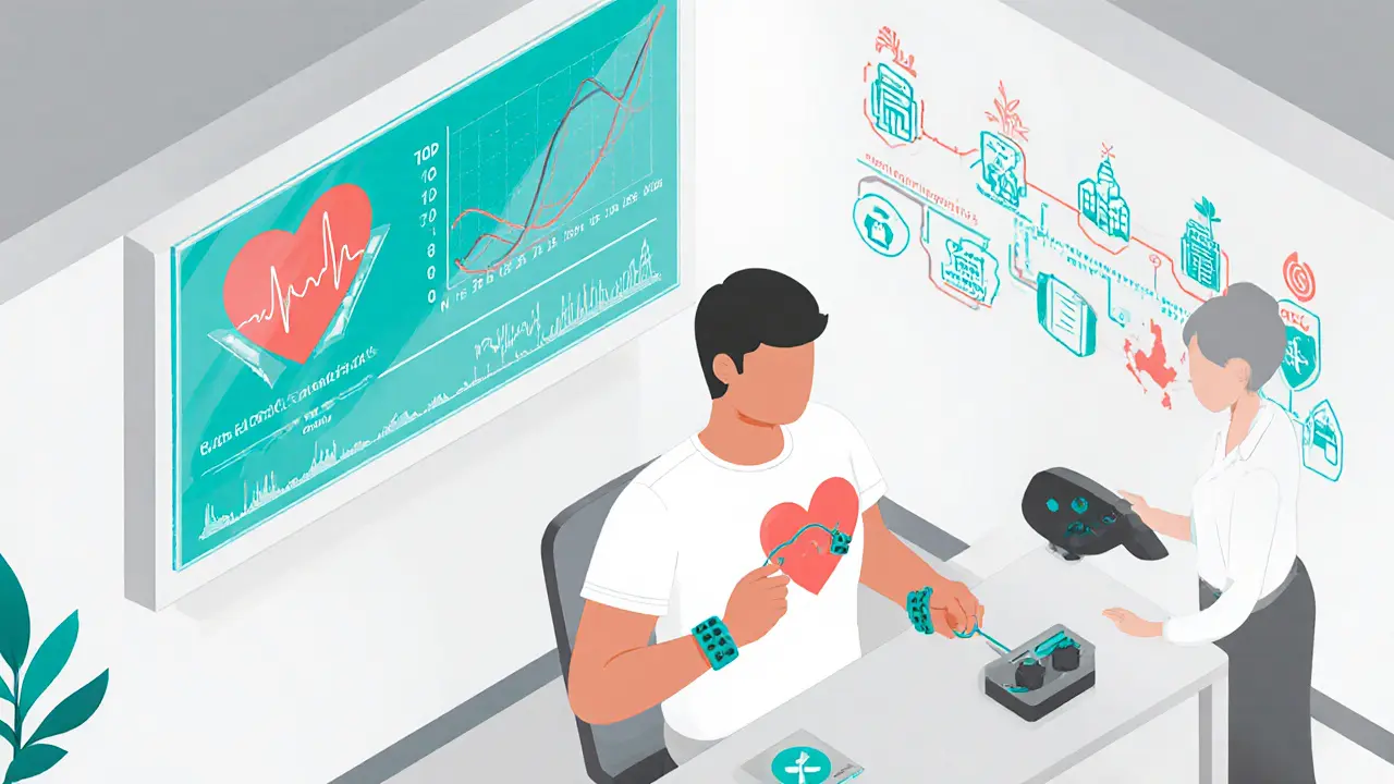 Klient s biofeedback senzory v laboratoři, obrazovky zobrazují vitální parametry a diagram adopce terapie.