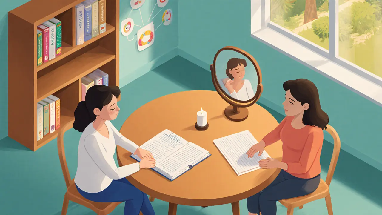 Isometrická ilustrace terapie, kde klient píše dopis, meditaci a používá zrcadlo.