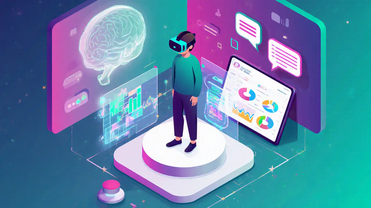 Pacient v virtuální realitě používá VR headset a mobilní aplikaci, zatímco AI analyzuje jeho řeč a pomáhá upravit terapii.