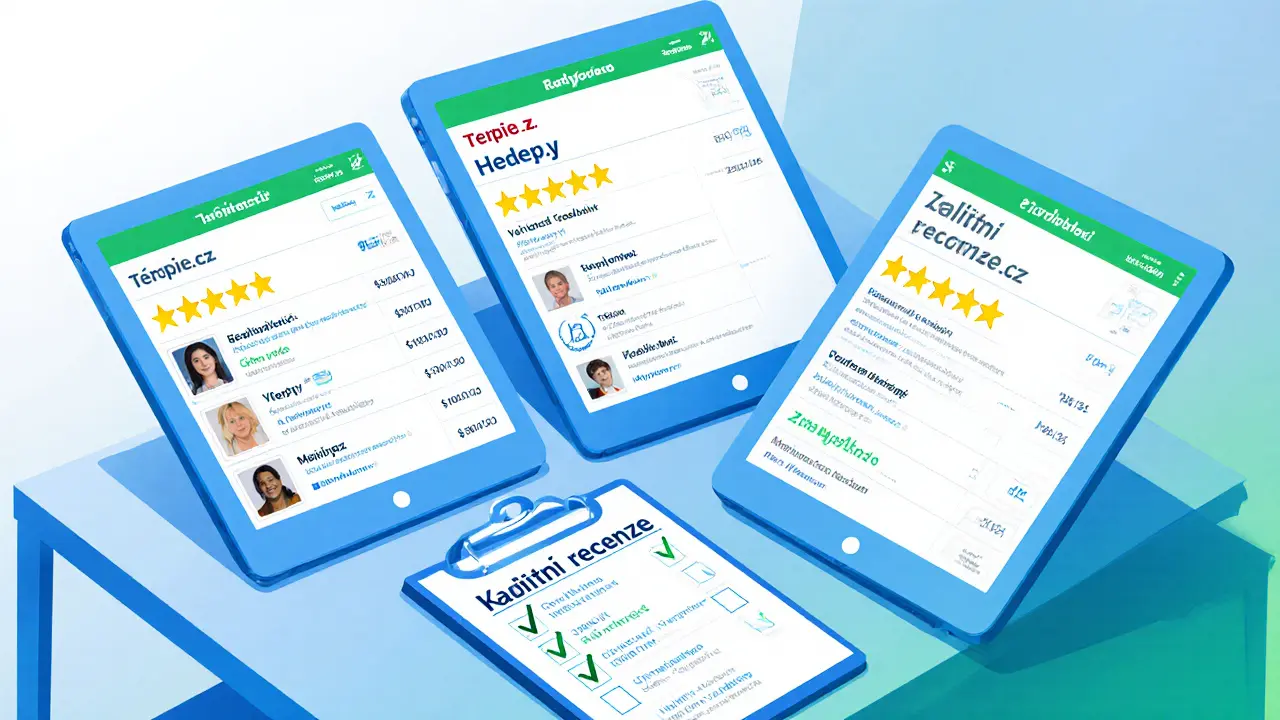 Porovnání recenzí tří českých terapeutických platforem na obrazovce.