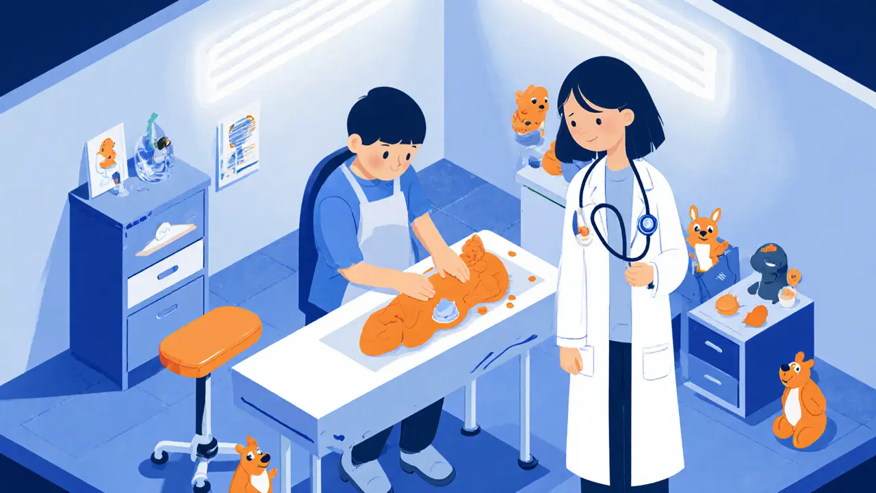 Dítě a terapeutka modelují operační stůl a hrají scénář před zákrokem, izometrální ilustrace.