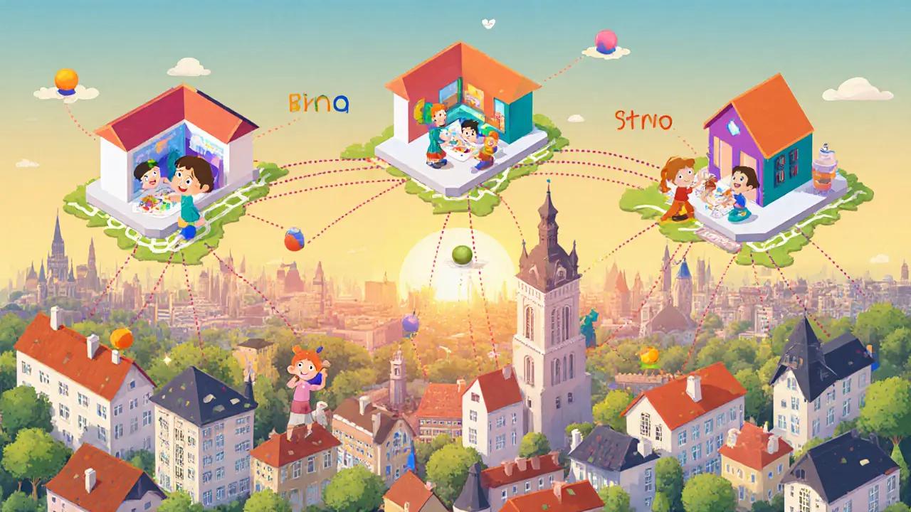 Izometrické městské panorama s několika herními terapiemi, usměvaví děti, optimistická atmosféra.