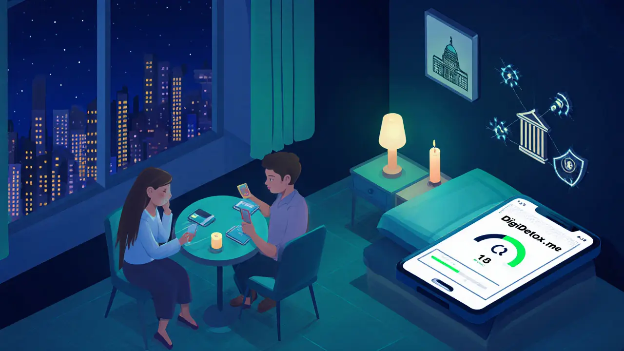 Pár večeří u stolu, telefony s časovačem, aplikace DigiDetox na tabletu, noční pokoj, isometrické.
