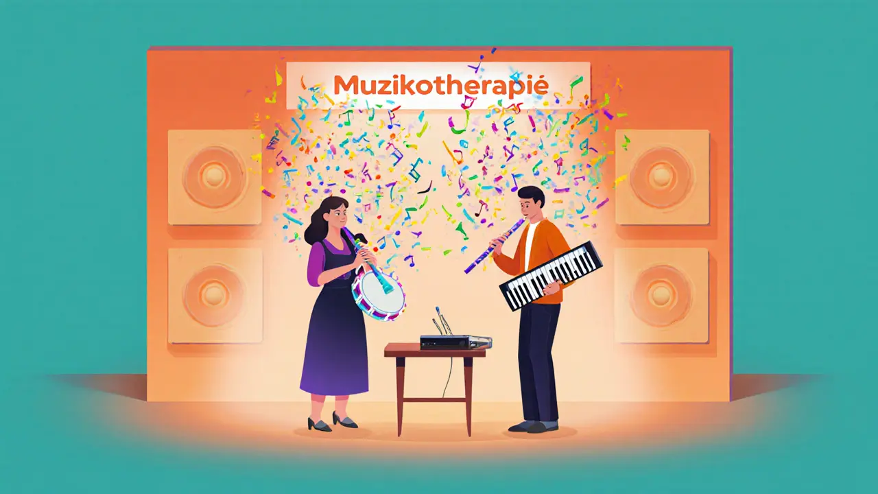 Izometrické kreslené zobrazení improvizačního sezení s hudebními nástroji a vizuálními tóny.