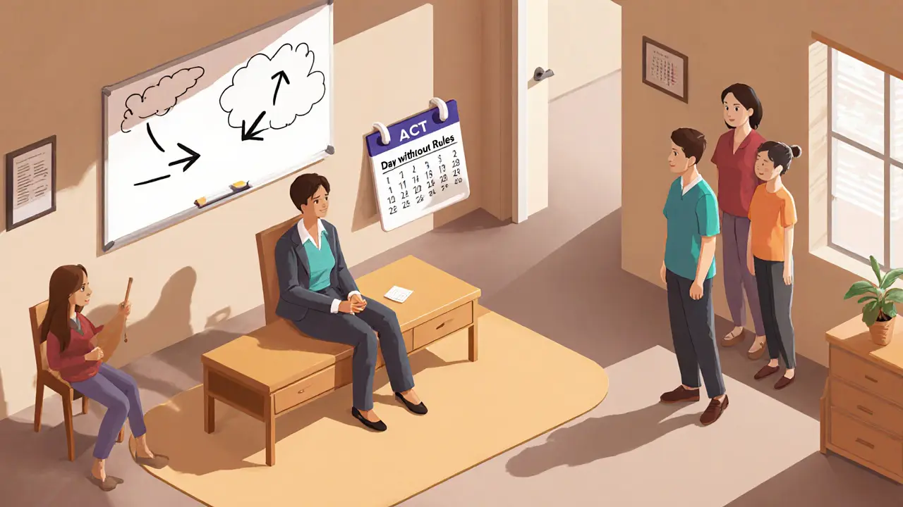 Isometrické ilustrace terapie, kde psycholog používá CBT a ACT s pacientem a rodinou.