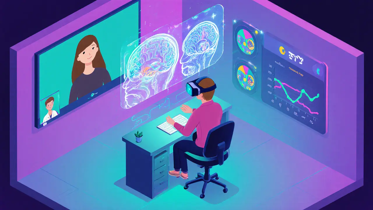 Izometrické znázornění budoucnosti ERP: VR, online sezení, neurobiologické markerové grafy a spokojený pacient.