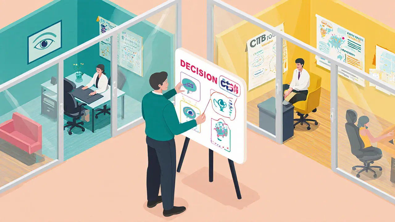 Klient porovnává dva terapeutické přístupy (EMDR a CBT) u rozhodovací tabule po dokončení sebereflexe.