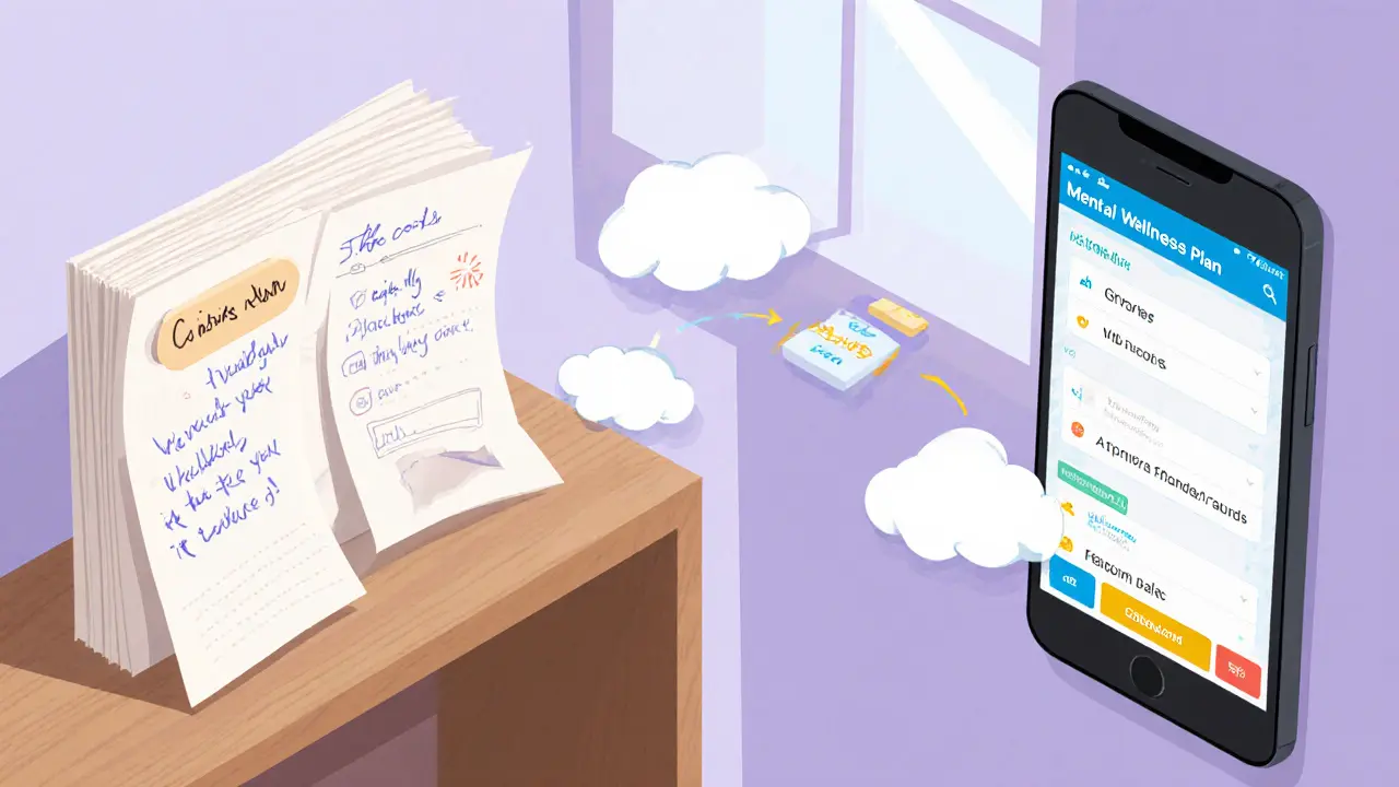 Isometrické srovnání papírového plánu a digitální aplikace na mobilu s cloudovým spojením.