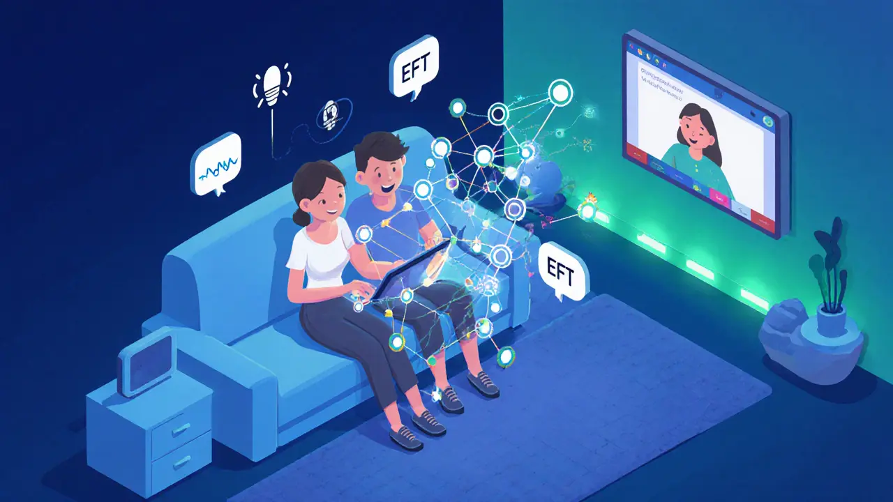 Digitální aplikace zobrazující interaktivní mapu vztahu, pár ji používá doma s videohovorem terapeuta.