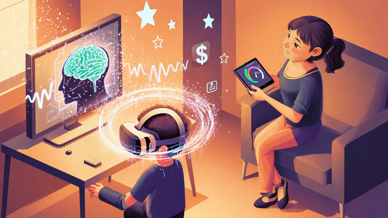 Dítě ve VR s EEG čepicí, 3D mozkové vlny, terapeut a rodič sledují pokrok v futuristické místnosti.