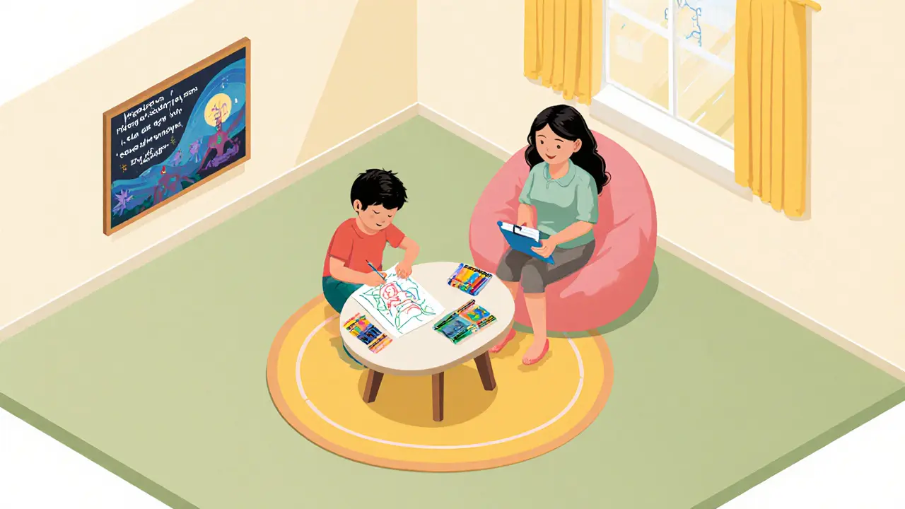 Isometrické ilustrace terapie, kde dítě a terapeut používají obrázkové přehrání snu.