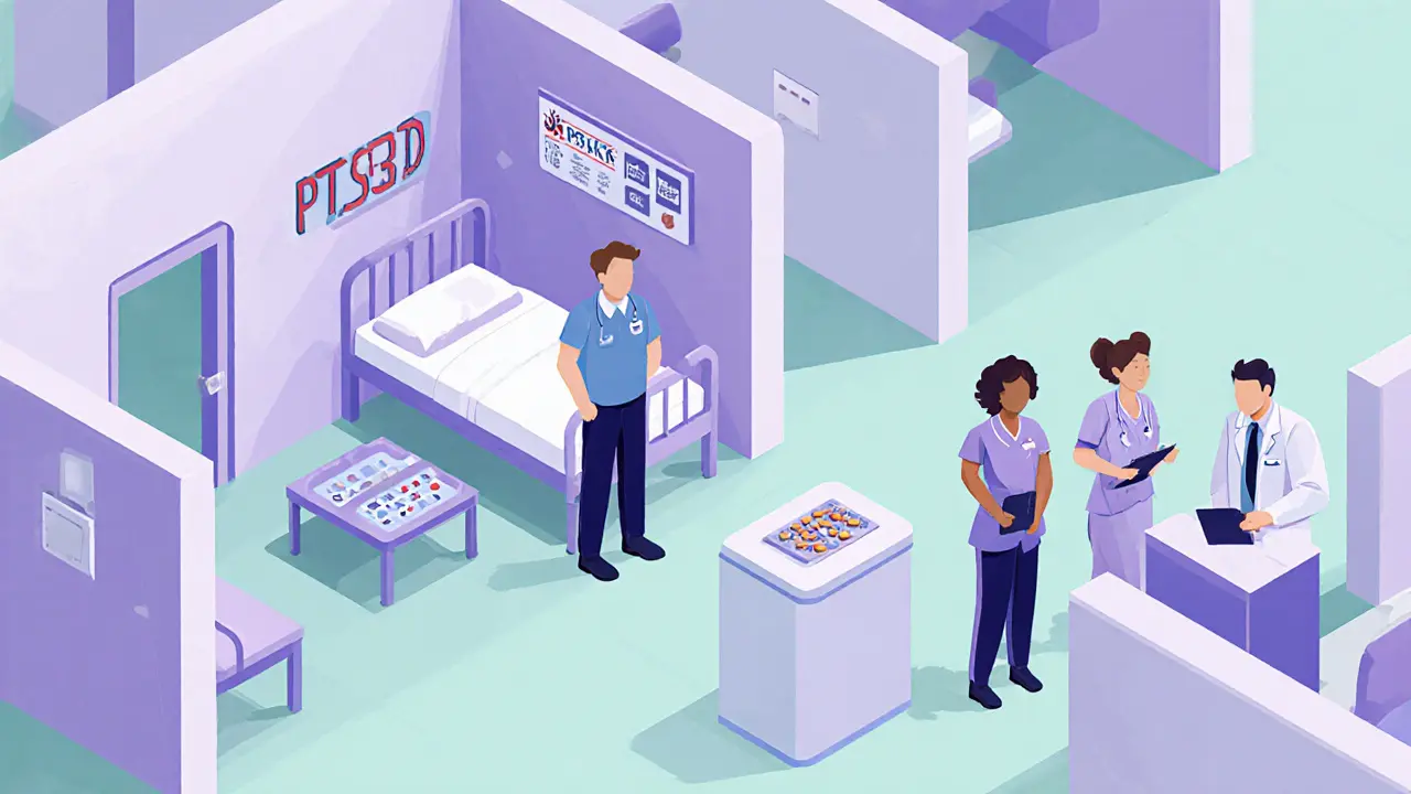Izometrická ilustrace psychiatrického oddělení s týmem a bezpečnou místností bez nebezpečných předmětů.