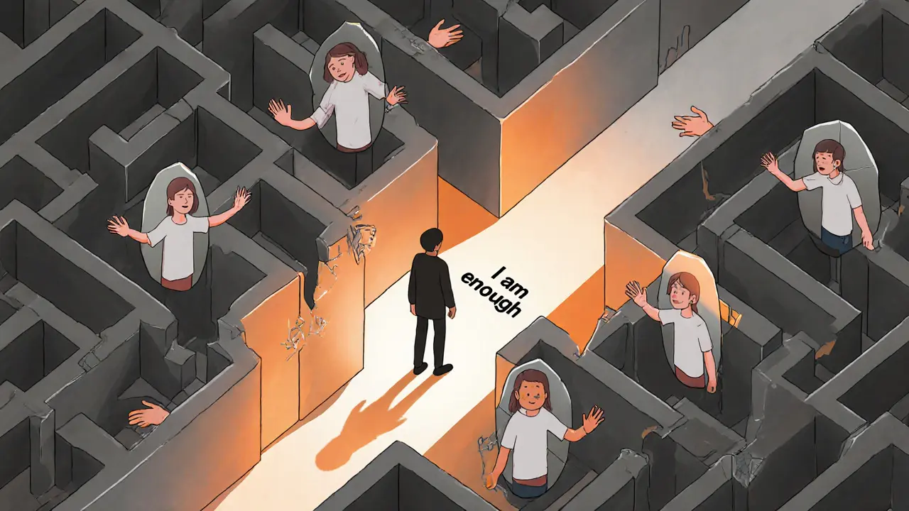 Osoba ve vývojovém bludišti z zrcadel, jedna cesta vede k světlu s textem &#039;Jsem dostatečný&#039;.