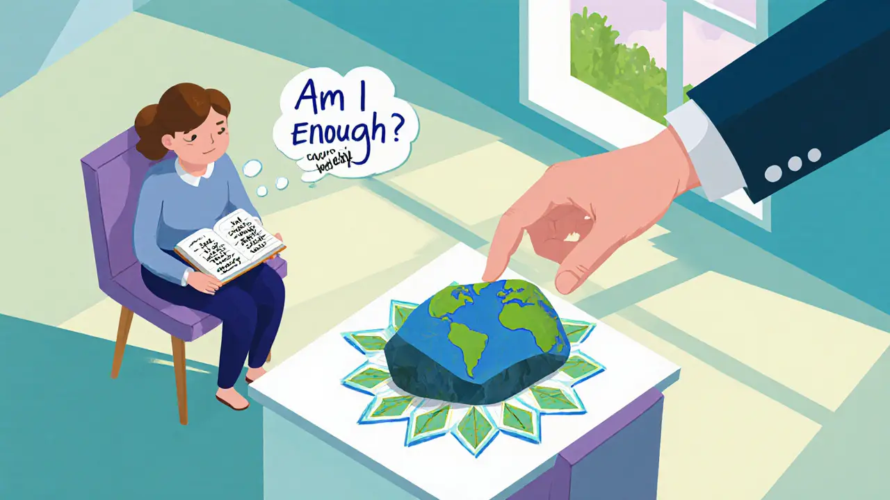 Terapeutická místnost s osobou, která píše do deníku, a terapeutem, který klade zemní kámen jako symbol klidu.