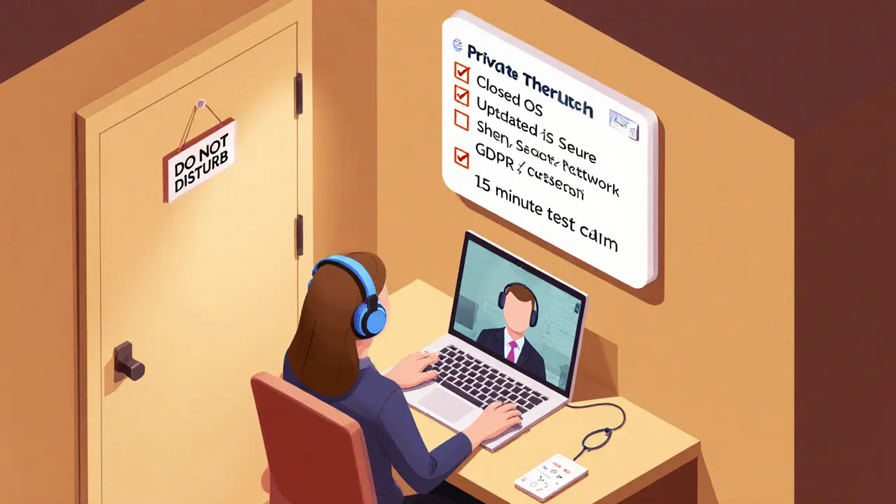 Uzavřená místnost, klient v sluchátkách u laptopu s rozmazaným pozadím, plovoucí kontrolní seznam bezpečnostních kroků.