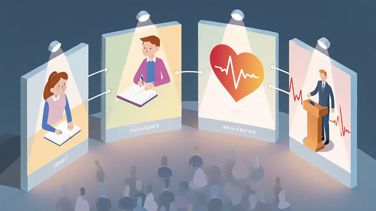 Čtyři izometrické panely ukazují deník, emoce, veřejný projev a tělesné pocity v CBT.