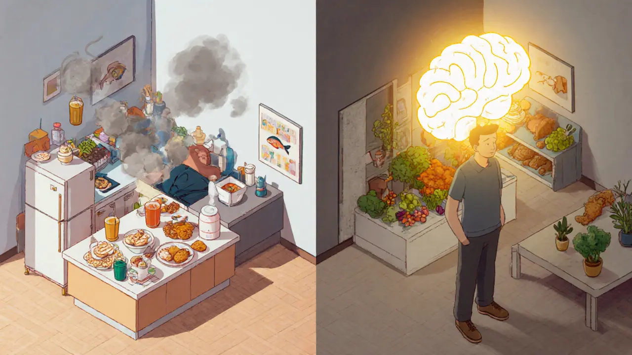 Dvě protikladné kuchyně: jedna s nezdravým jídlem a únavou, druhá se zdravými potravinami a klidem.