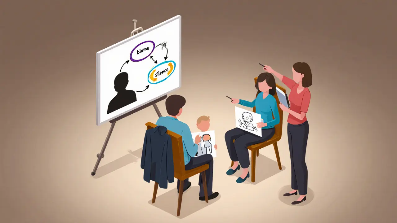 Isometrická ilustrace rodiny, kde otec chybí, dítě drží kresbu s temnou postavou v rohu, terapeut ukazuje na systémové vazby.