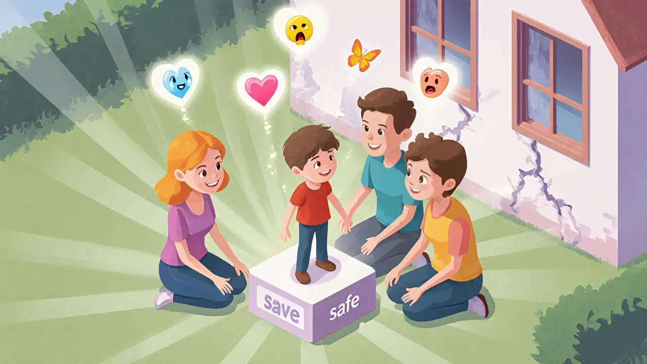 Isometrická ilustrace rodiny, která se spojila, dítě je v bezpečí a negativní emoce se mění v motýly.