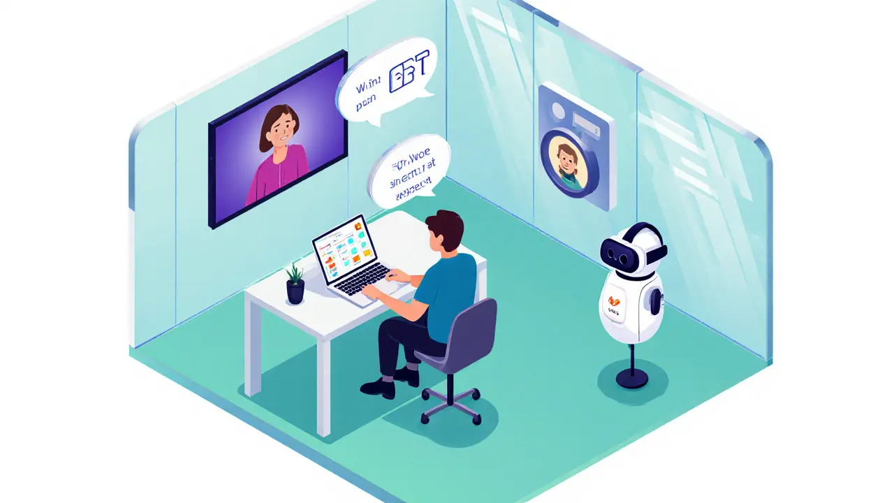 Izometrické futuristické prostředí s klientem, laptopem, chatbotem a videohovorem terapie.