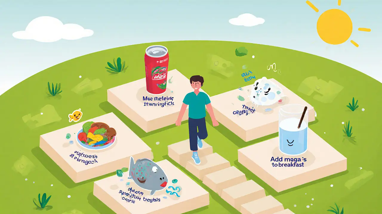 Kruhová cesta týdne s kroky k lepší výživě: zelenina, voda, kefír, s úsměvnými symboly zdraví.