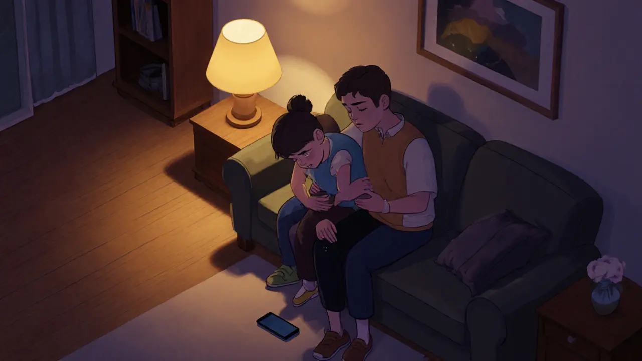 Rodič a dítě sedí na pohovce v bytě, ticho a emoce plní místnost ve večerním světle.