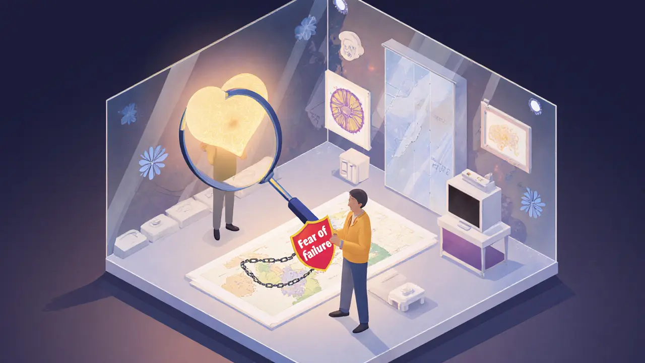 Terapeutova mysl jako průhledný prostor, kde se odrážejí jeho i klientovy vnitřní strachy.