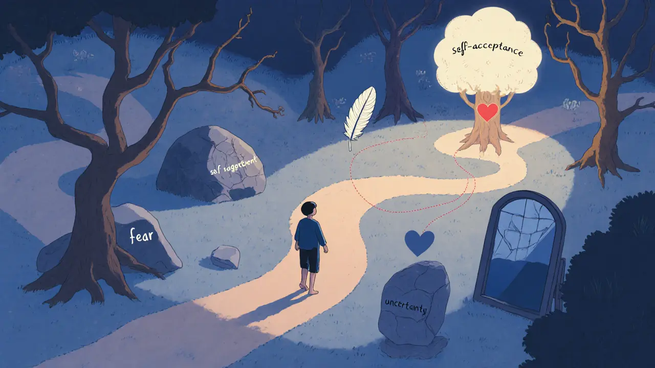 Cesta přes symbolickou krajinu mysli s emoce jako kameny a pera.