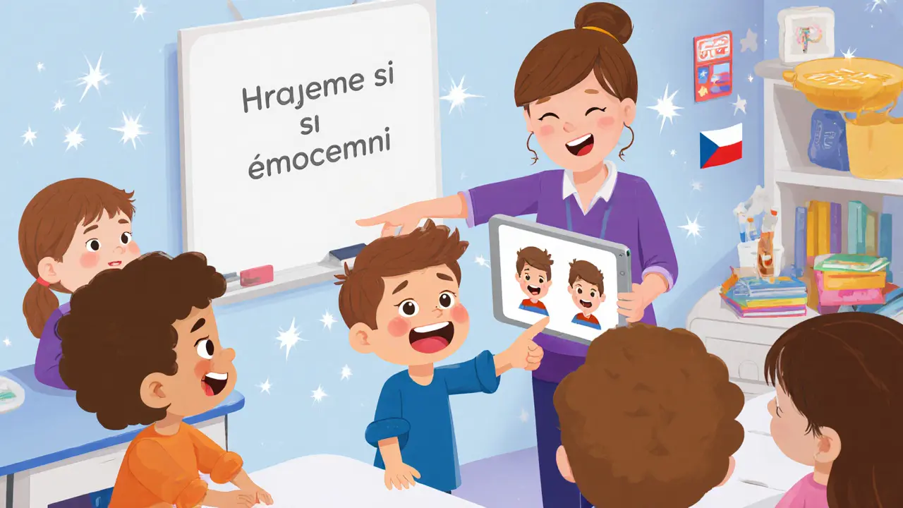 Dítě sleduje na tabletu animované obličeje s emocemi, zatímco spolu s kamarády hrají ve školce.