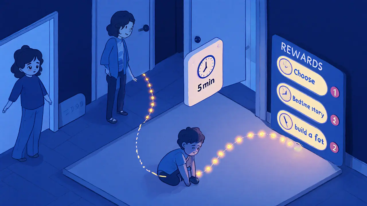 Dítě v pokoji používá pauzu po vzteku, rodič s časovačem a odměnou na stěně.