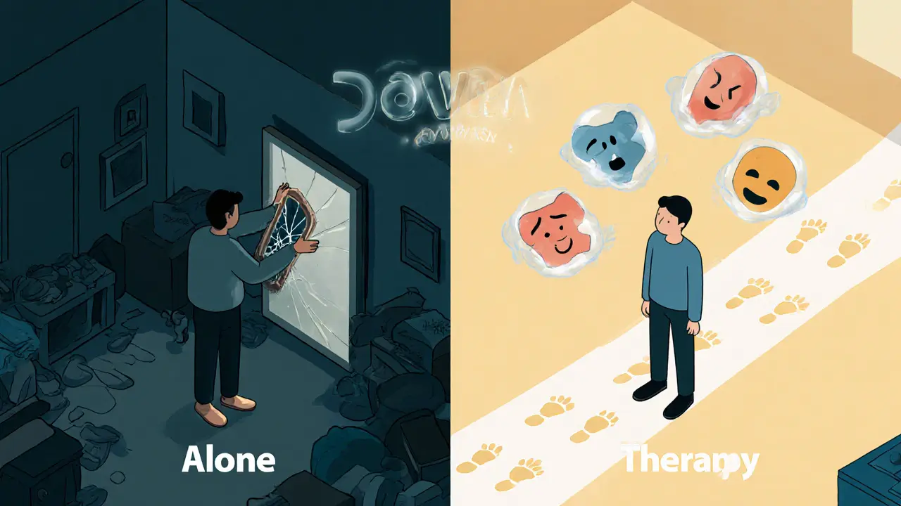 Dva scény: osamělý člověk v temnotě a stejný člověk v jasné prostorové terapii s emocemi v ovzduší.