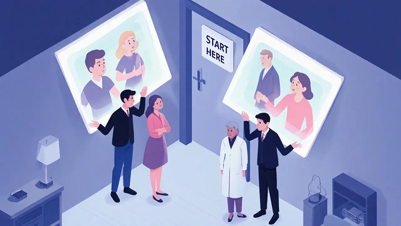 Dvojice terapeutů odrážejí pohledy partnerů na jejich minulosti, dveře s nápisem &#039;Začni tady&#039; jsou částečně otevřené.