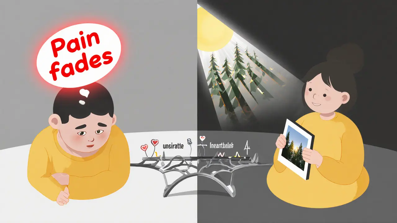 Hybridní scéna hypnózy: přímé příkazy a metaforické vzpomínky se spojují v jednotný proces hojení.