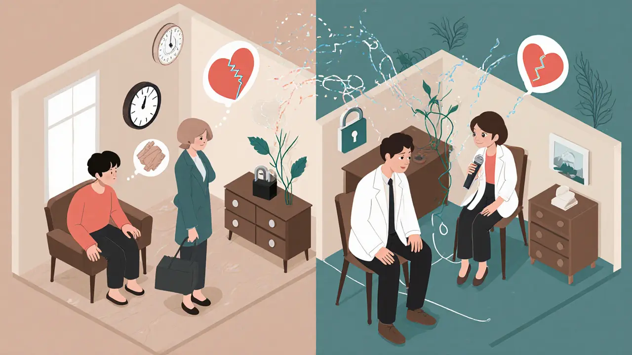 Hybridní terapeutické sezení: společná místnost a dvě individuální, spojené proudy emocí a symbolů.