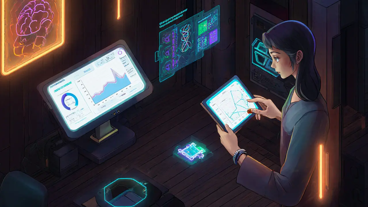 Isometrická ilustrace budoucnosti psychoterapie s digitálními nástroji a personalizovaným sledováním.