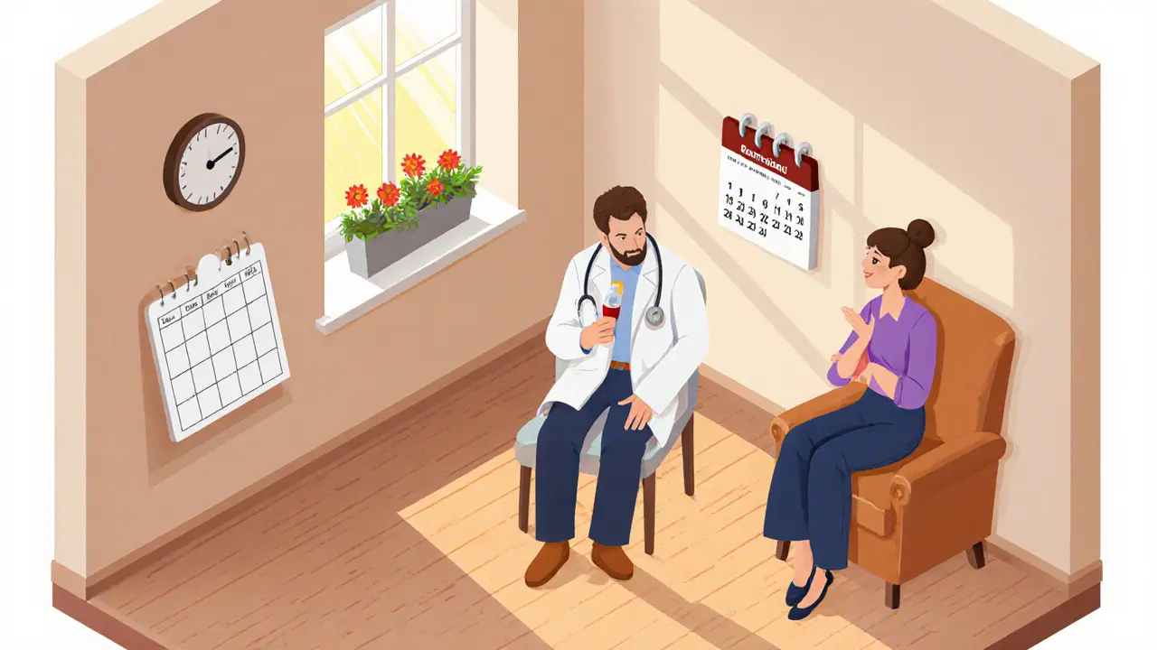 Isometrická ilustrace centra substituční léčby v České republice s pacientem a terapeutem.