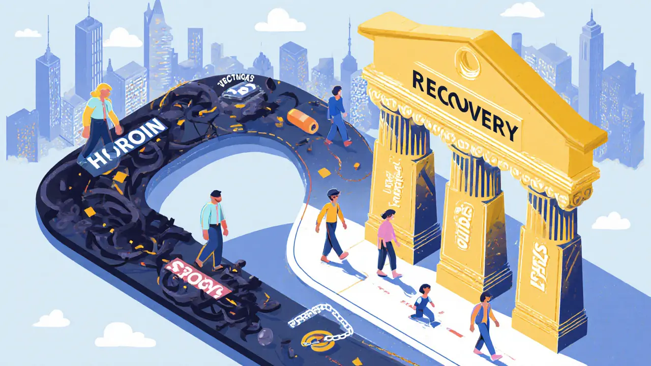 Isometrická ilustrace cesty závislosti k obnově života s prací, rodinou a vzděláváním.