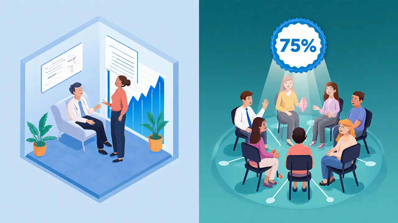 Isometrická ilustrace individuální a skupinové terapie s viditelnými výsledky a spojeními mezi lidmi.