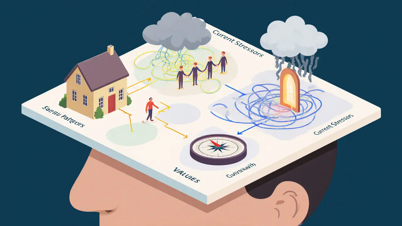 Isometrická ilustrace mentální mapy s propojenými oblastmi rodiny, podpory a hodnot, zobrazující vnitřní strukturu člověka.